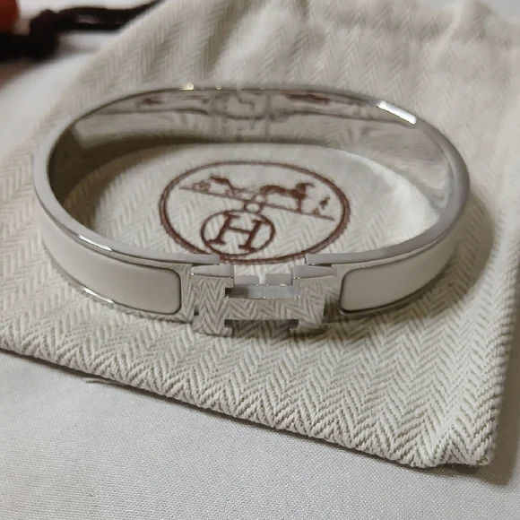 Hermes White and Silver Enamel 'H' Cuff Bracelet - Picture 1 of 4